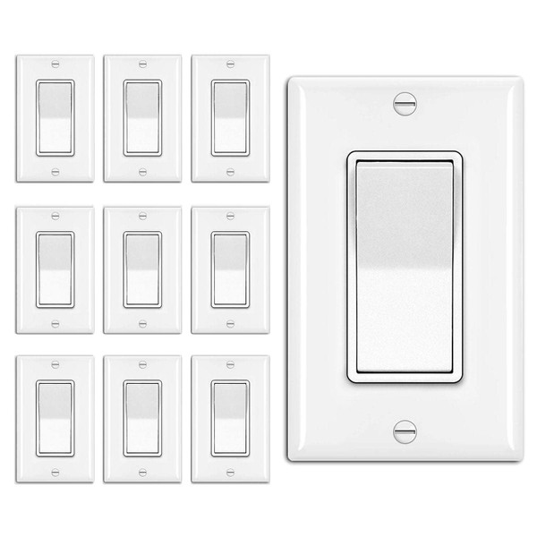 BESTTEN 10 Pack 3-Way Decorator Wall Light Switch with Wallplate, 15A 120V/277V, Single Pole or Three Way, On/Off Paddle Rocker Interrupter, UL Listed, White