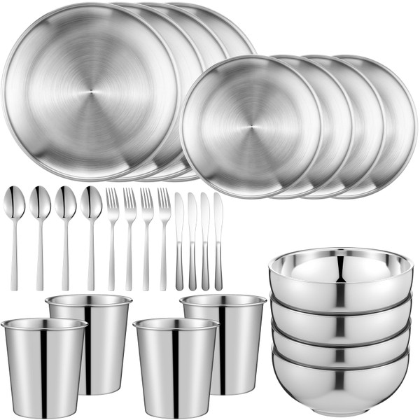 Jinei 28 Pcs 304 Stainless Steel Dinnerware Set, 10 Inch, 7 Inch