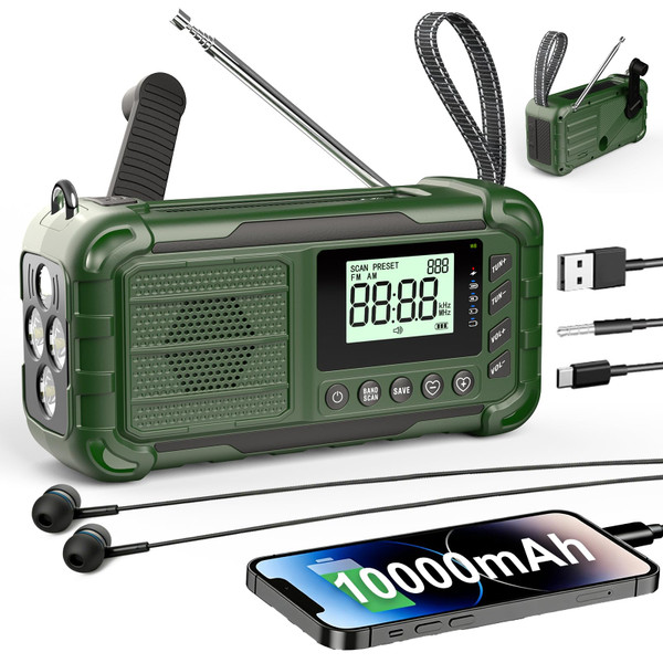 Emergency NOAA Weather Radio, 10000mAh, Solar Hand Crank Radio with AM/FM