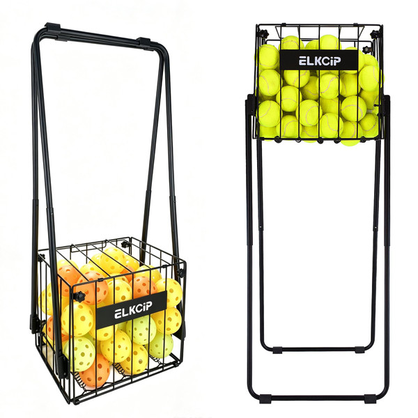 ELKCIP 2-in-1 Portable Pickleball & Tennis Ball Collector - Easily Pick Up Pickleball Retriever Basket Ball Caddy Carrier Picker Hopper with Wheels