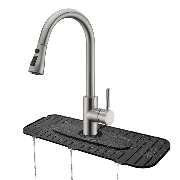 Upgraded Version Silicone Faucet Mat, Kingmall Kitchen Faucet Mat Silicone Faucet Drip Catcher for Kitchen Faucet Drip Catcher, Tailor-Made for Faucets with 1cm(0.4 Inch) Deck Plate【Black】