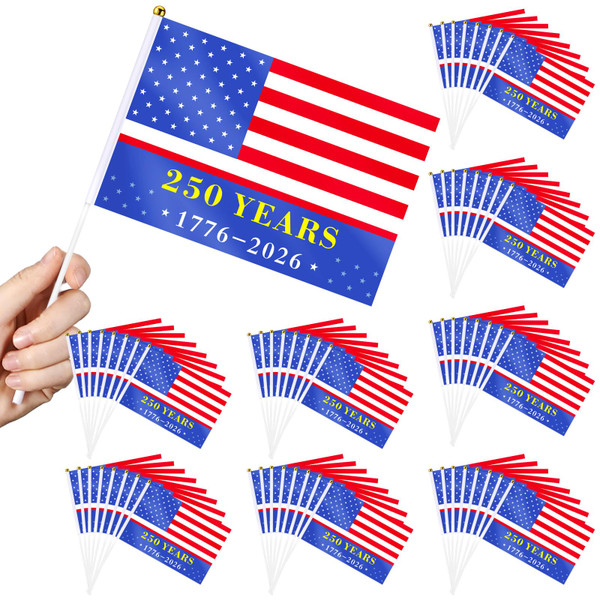 Newwiee 100 Pcs Small American Flags on Stick with Safety Spear Top 4 x 6 Inch 250 Year 1776-2026 Mini Handheld Flags for 250th Anniversary 4th of July Independence Day Patriotic Outside Parade Decor