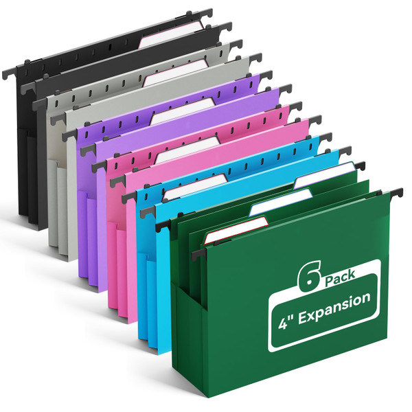 Ansook Plastic Hanging File Folders Letter Size, Expandable 4 Inch File Folders with 1/5-Cut Tabs, Pastel Hanging File Folder Organizer for for Filing Cabinet, Bulky Files & Medical Charts - 6 Pack