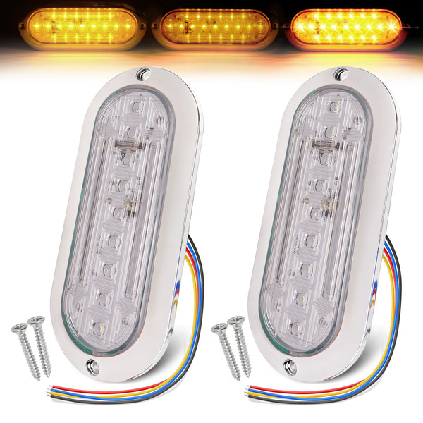 MADCATZ 2 Pcs of 6 Inch Clear Lens Amber Oval LED Strobe Light, 21 LEDs with High/Low/Flash Modes 4 Wires w/Chrome Bezel Stop Turn Brake Light for Truck Trailer Pickup, 12V–24V
