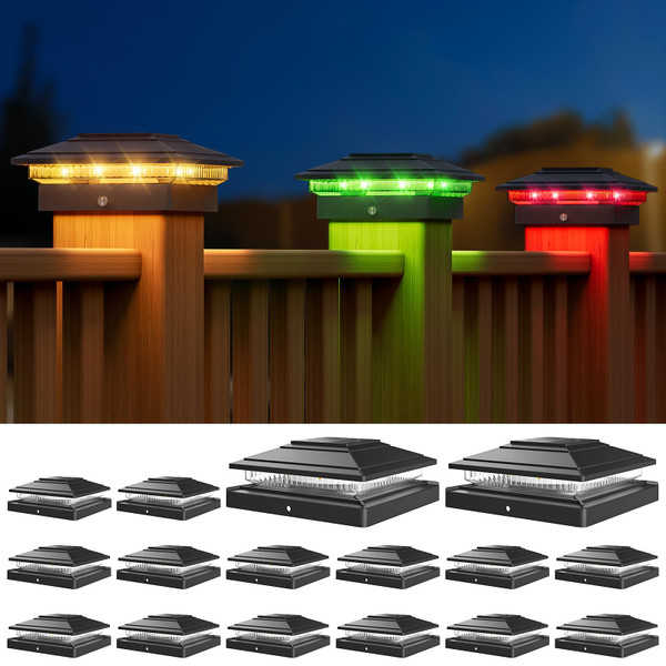APONUO Solar Post Cap Lights Color Changing 16 Pack - RGB 8 Solid & Gradient Colors, IP65 Waterproof, for 4x4 5x5 6x6 Wood Vinyl Fences, Deck, Patio, Yard (Black)