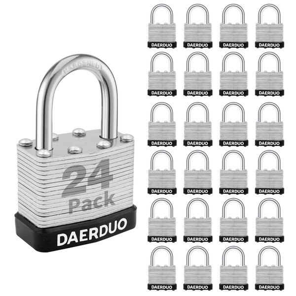 DAERDUO 24 Pack 40 mm (1-9/16") Keyed Alike Laminated Padlocks with 48 Keys, Hardened Steel Short Shackle, Heavy-Duty Locks for Gym Lockers, Toolboxes, School Lockers, and Hasp Latches