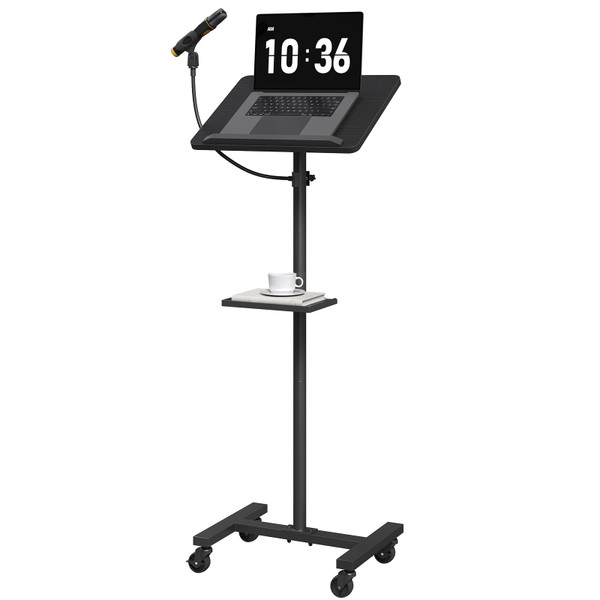 MAHANCRIS Podium Stand with Microphone Stand, Standing Desk and Laptop Desk with Storage Tray, 28.9-42.7 Inch Adjustable Height Portable Lectern for Classroom, Conference Room, Black LPBK4001