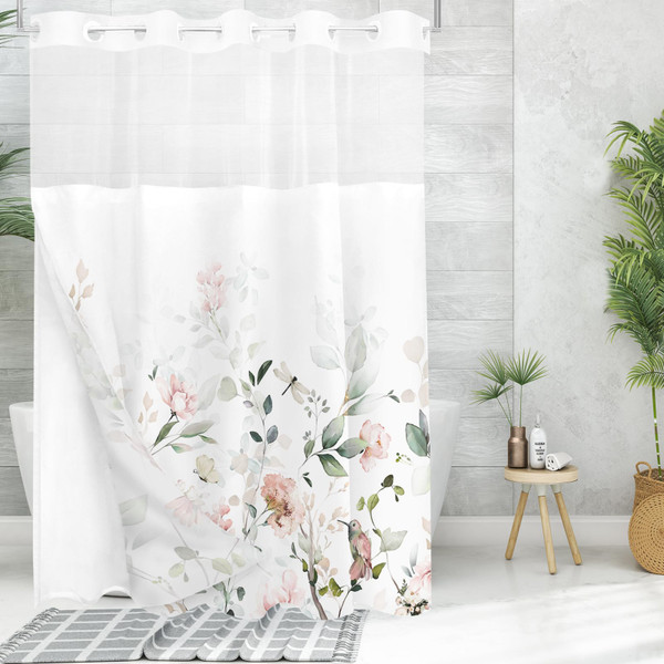 Tititex No Hooks Snap in Liner Aesthetic Blooming White Flowers Pink Bird Shower Curtain Sets, Hotel Luxury Double Layers Waterproof Fabric & See-Through Top Window Bathroom Decorative 60x72 Inch