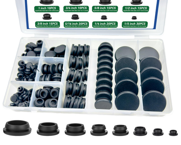135Pcs Black Silicone Rubber Plugs for Round Holes Grommet Kit, 8 Assorted Sizes (1" 3/4" 5/8" 1/2" 3/8" 5/16" 1/4" 1/5") General Snap Locking Caps for Motorcycle, Furniture, Automotive, Plumbing