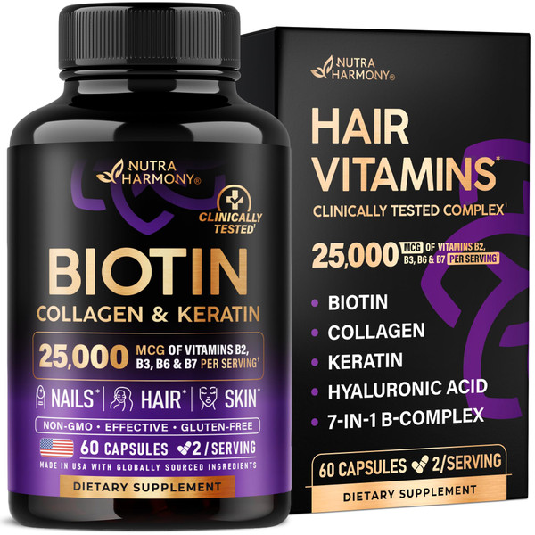 Biotin | Collagen | Hyaluronic Acid | Keratin - Clinically Tested Supplement - Hair Growth Support, Skin & Nails - 25000 mcg Vitamins B2, B3, B6 & B7 + B1 - Made in USA - Women & Men | 60 Capsules Biotin | Collagen | Hyaluronic Acid | Keratin - Clinically Tested Supplement - Hair Growth Support, Skin & Nails - 25000 mcg Vitamins B2, B3, B6 & B7 + B1 - Made in USA - Women & Men | 60 Capsules