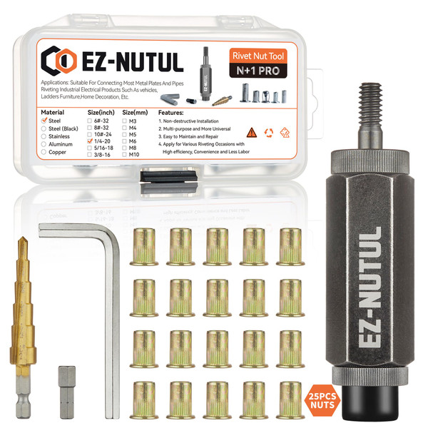 Rivet Nut Installation Tool Set Flat Head Rivnut Threaded Insert Nut Kit SAE & Metric for Metal Heavy Duty Zinc Plated Nutsert (1/4-20(Rivet Nut Tool-25pcs))