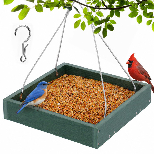 Gtongoko WPC Composite Platform Bird Feeder Hanging, Large 3.5 lbs Capacity, Durable, Seed Tray Bird Feeder for Outdoors with Metal Mesh Bottom Weather-Resistant for Garden Yard, Green