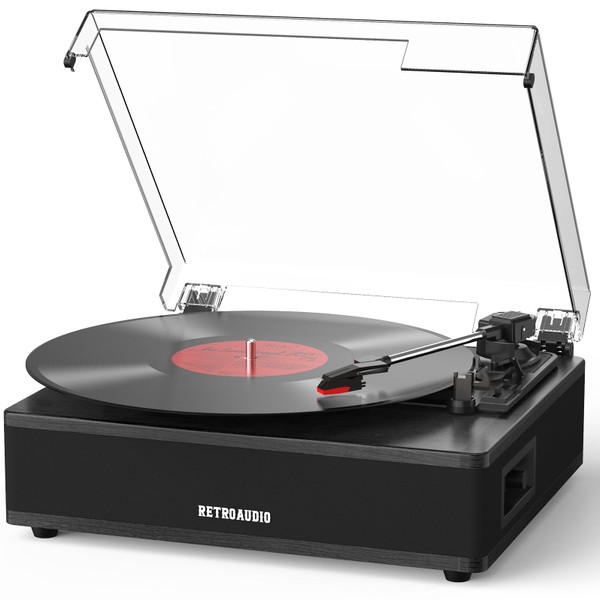 Vinyl Record Player with Built in Stereo Speakers Bluetooth LP Player Turntable Belt Drive 3-Speed (33, 45, 78 RPM) Vintage Turntables for Vinyl Records with RCA Output, Aux in, Auto Stop, Black