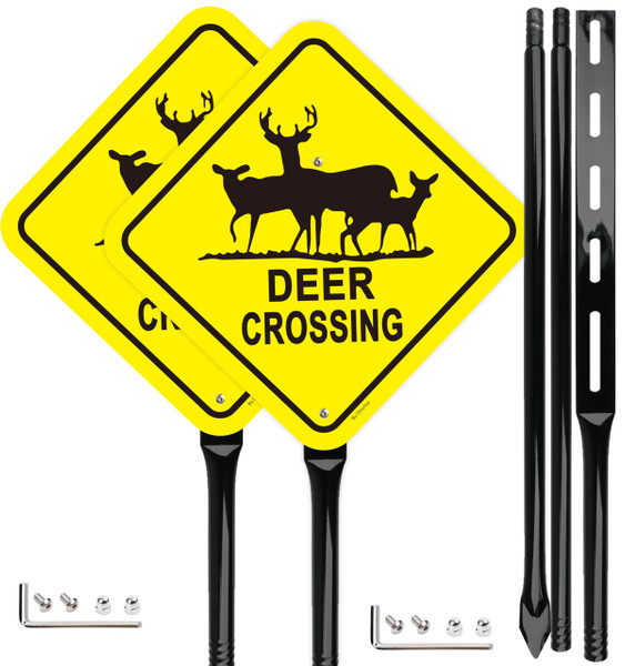 2Pack Deer Crossing Sign with 54-Inch Heavy-Duty Metal Stakes Posts, 12x12 Inch Reflective Aluminum Animal Crossing Warning Signs, Rust-Free Aluminum for Outdoor Use