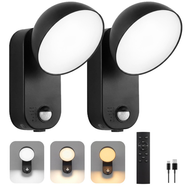 NIROSUN Battery Operated Outdoor Lights, 10000mAh Rechargeable, 120 Days/Charge, 3 Modes, 3 Brightness, IP65 Wireless Outdoor Security Motion Light for Patio Porch Garage, 2 Pack