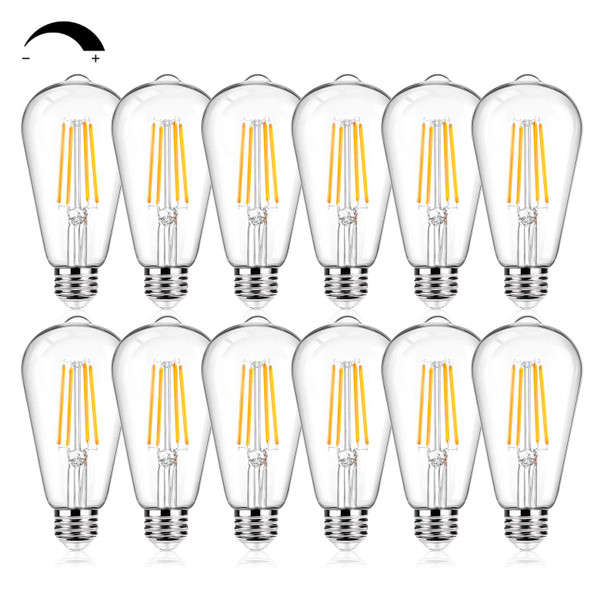 12Packs ST64 Large Vintage LED Edison Bulbs, 60W Equivalent 7W, 800Lumens, Dimmable Antique LED Filament, 2700K Warm White, E26 Medium Base Light Bulbs High Brightness Clear Glass for Bedroom Office