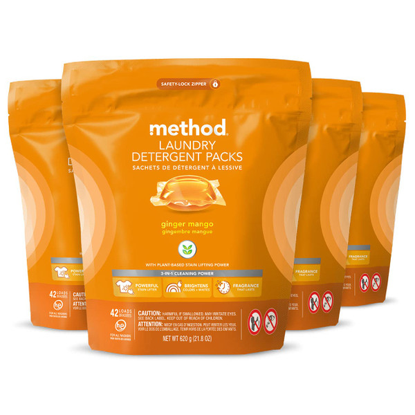 Method Laundry Detergent Packs; Ginger Mango Scent; Plant-Based Stain Remover Solution that Works in Hot & Cold Water; 42 Packs per Bag; 4 Pack (168 Loads); Packaging May Vary