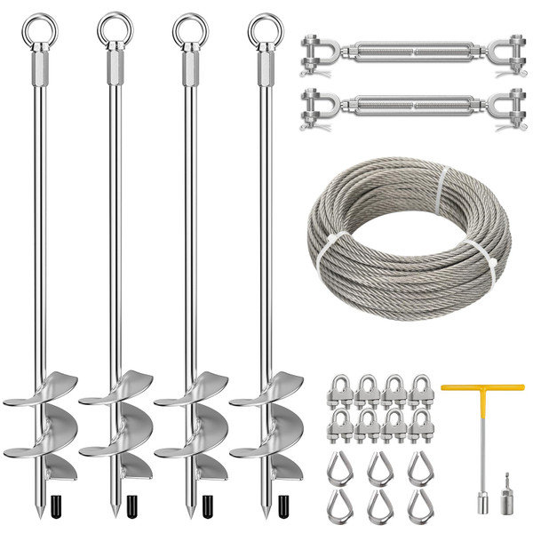 30" Heavy Duty Ground Anchors, 4 Pack Screw-in Earth Anchor Tie Down Kit with American-Style Turnbuckles & 304 Stainless Steel Cable for Mobile Homes, Sheds, Trampolines, Carports