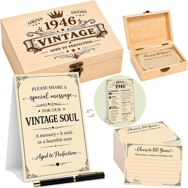 80th Birthday Share a Memory Set, 1946 Birthday Gift for Women and Men, Wooden Keepsake Box with Memory Cards, Share a Memory Sign and Pen, Guest Book Alternative