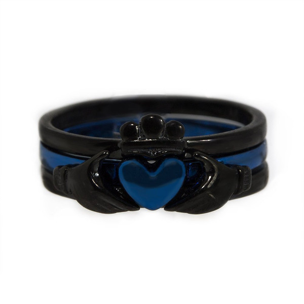 Panvisionary Thin Blue Line Claddagh Ring Black and Blue Stainless Steel 3 Piece Set (10) Panvisionary Thin Blue Line Claddagh Ring Black and Blue Stainless Steel 3 Piece Set (10)