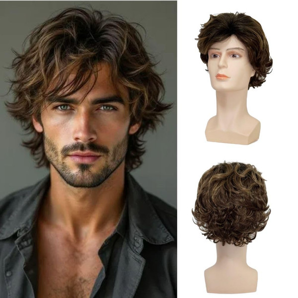 Kisayasi Mens Short Brown Layered Curly Wig Natural Fluffy Synthetic Hair Wig for Daily Halloween Costume Cosplay Use