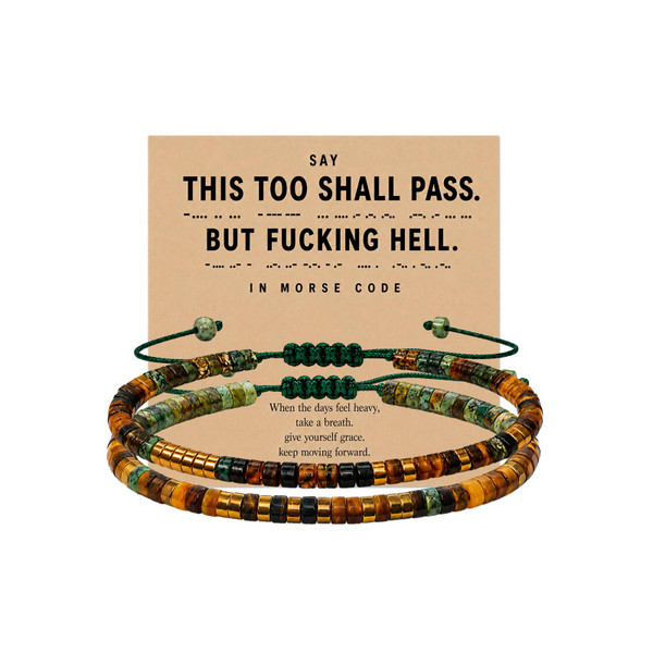 This Too Shall Pass But Fcking Hell Morse Code Motivational Bracelet For Women, Adjustable Natural Tiger Eye African Turquoise Stackable Bead Wrap Bracelets With Hidden Message Fashion Motivational Gift Jewelry (This+But)