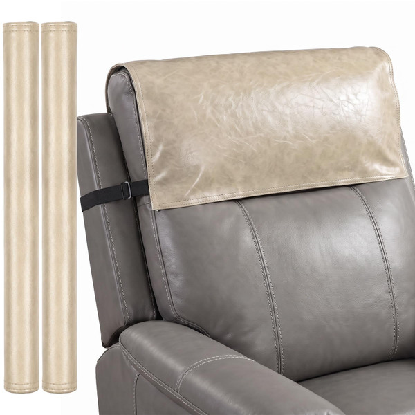 Gilprop 2 Pack Non Slip Recliner Headrest Cover 17 x 27 Inch Beige Waterproof Couch Sofa Headrest Protector Washable Leather Head Rest Cover for Furniture, Living Room, Office Chairs Accessories