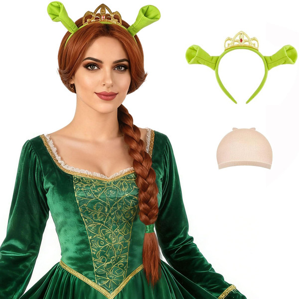 Wallden Hair Auburn Braided Wig with Green Ogre Ears Crown Headband for Women Costume 29.5 Inch Long Braided Heat Resistant Synthetic Reddish Brown Wigs for Cosplay Halloween Anime Party Use