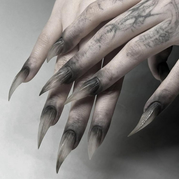 10Pcs Eagle Claw Press on Nail Halloween Fake Nails Short Long Stiletto Glue on Nails Full Cover Glossy Black Press ones Thick Acrylic Handmade Nails Spooky Dragon Cat Claw Curved False Nail （S）