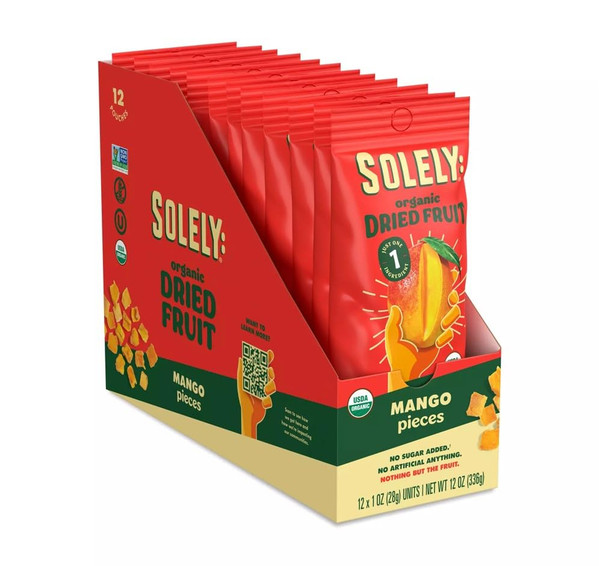 SOLELY Organic Dried Mango Pieces, 1 oz, 12 Pouches – Real Fresh Fruit, Portable On-the-Go Snack, Vegan, Non-GMO, No Sugar Added, Not From Concentrate, Shelf-Stable, Healthy Snack for Kids & Adults