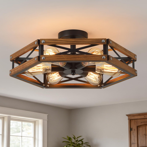 6-Light Large Rustic Farmhouse Wood Flush Mount Ceiling Light Fixture 20 inch Oak Wood and Metal Cage Semi Flush Mount Ceiling Light for Hallway Entry Farmhouse Bedroom Living Room, Black