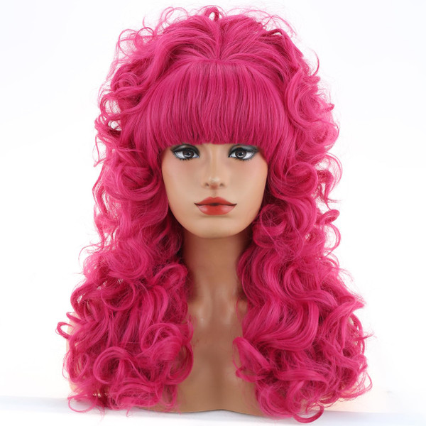 MAGQOO 80s Long Curly Hot Pink Cosplay Wig with Bangs 60s 70s 80s Queen Disco Beehive Wig for Women Halloween Cosplay Costume Wig