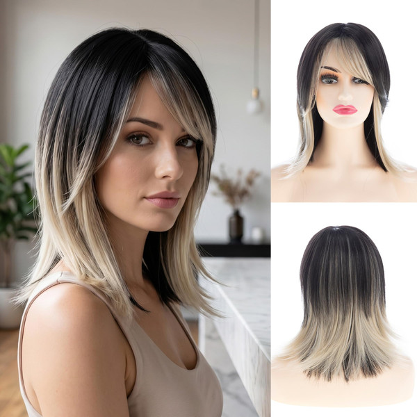 Eonfiwg Black to Blonde Ombre Wig for Women, Medium Length Layered Synthetic Wig with Bangs for Daily Party Cosplay Halloween