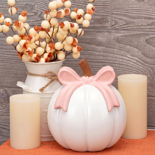 Thyle Fall Pumpkin with Pink Bow Decor, Coquette Pumpkin Centerpiece