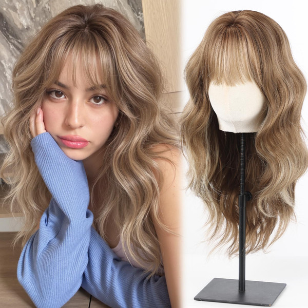 testar Brown Mixed Blonde Wigs for White Women 20 Inch With Bangs Hair Replacement Wigs Realistic Looking Synthetic Curly Wigs For Daily Party Use
