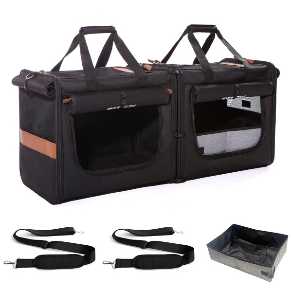 Large Cat Carrier for 2 Cats, Soft Sided Folding Pet Carrier with Litter Box, (16.5" x2) x12.6"x15.5" Dual Cabin with Zipper Locks, Comfortable Design for Travel