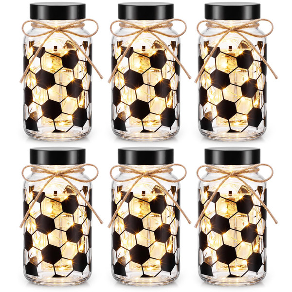 Blushtier 6 Sets Soccer Centerpieces for Table Soccer Mason Jars Vase with LED Light Sport Table Toppers Decor Sport Ball Gifts Party Favors for Men Coach Player Team Birthday Party Supplies