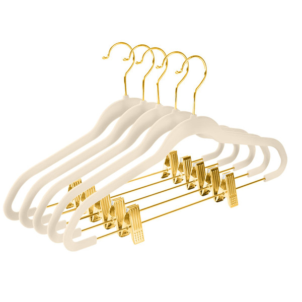 MIZGI Premium Velvet Pants Hangers with Adjustable Clips (Pack of 30) Slim Skirt Hangers- Non Slip Felt Outfit Dress Hangers Ivory - Gold Hooks,Space Saving Shirt Clothes Hangers