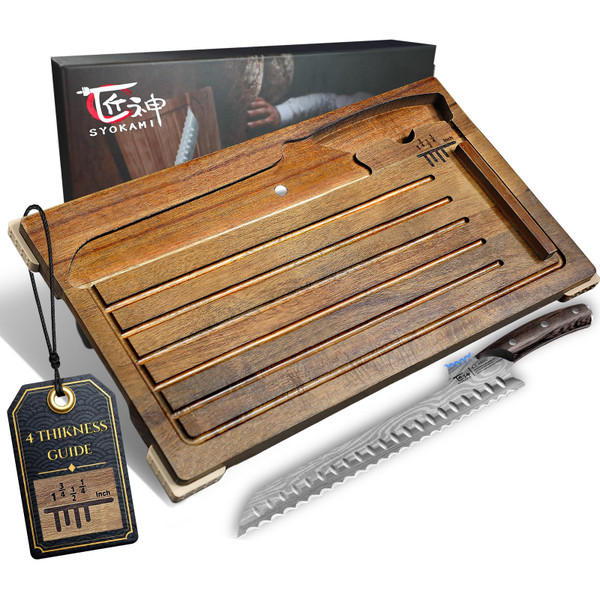 SYOKAMI Acacia Wood Bread Slicer with Bread Knife, Bread Board Bread Cutter
