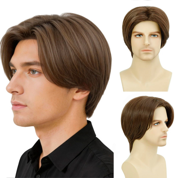 incohair Mens Wig Short Straight Brown Wig for Man Middle Part Natural Synthetic Wig, Heat Resistant Fiber for Daily Wear, Party, Cosplay & Halloween