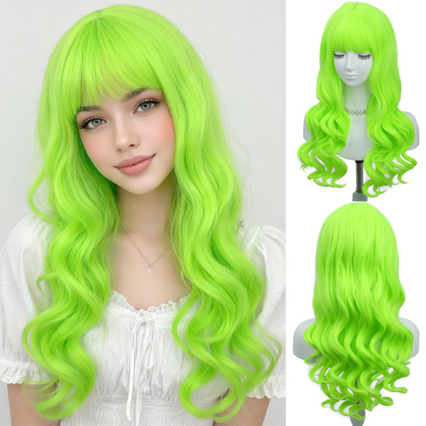 WTHCOS Neon Green Wigs for Women Long Curly Wavy Lime Green Wig with Bangs Heat Resistant Synthetic Wigs for Cosplay Costume Party