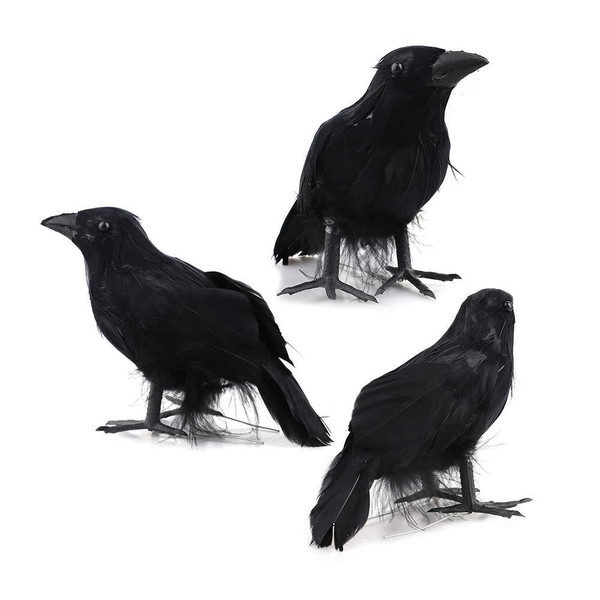 3 Pack Realistic Crow Decoy,Lifelike Black-Feathered Crows for Halloween