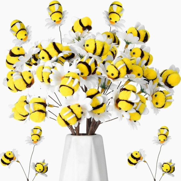 Suncalla 12 Pcs Felt Bee Stems Bees with Flower Party Decor, White Flower