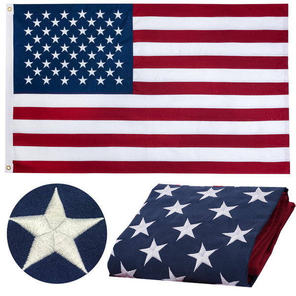 American Flag 3x5 ft 100% Cotton US Flag, Heavy Duty Embroidered Stars and Sewn Stripes, Soft Cloth USA United States Flags with Brass Grommets for Outdoor Indoor