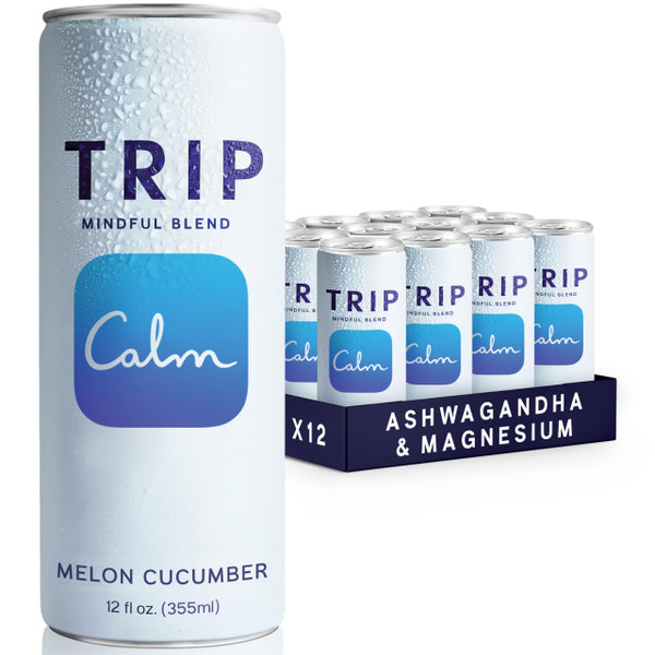 Trip Mindful Blend, Lightly Sparkling Adaptogen Seltzer, Mocktail w/ 120mg Magnesium Citrate with Ashwagandha, Lions Mane & L Theanine, No Added Sugar, Vegan, Melon Cucumber, 12 Oz, 12Pk