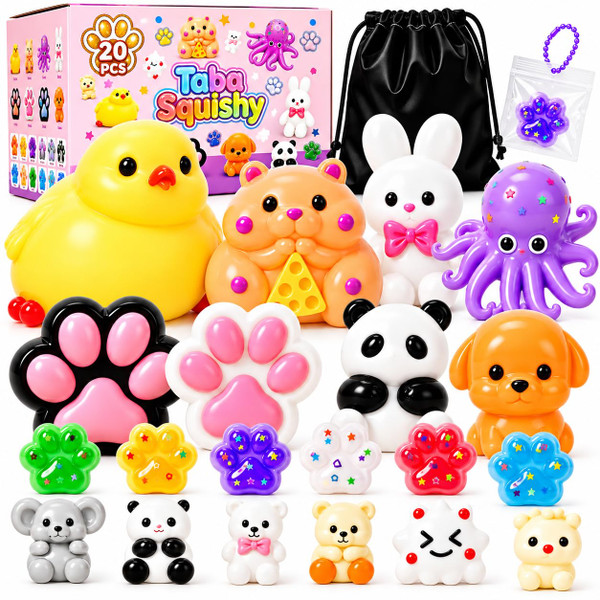 20 Pack Taba Squishy Toys,8 Large Squishies with 12 Mini Keychain Squishies,Cute Animal & Paw Stress Relief Squeeze Toys for Kids,Birthday Party Favors Christmas Goodie Bag Stuffers with Carry Bag