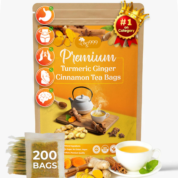 200 Bags Premium Turmeric Ginger Cinnamon Tea, Improve Digestion, Support Brain, Weight, Skin and Sleep, Eco-Conscious Tea Bags and Premium Natural Ingredients. Turmeric Ginger Herbal Tea. No Sugar, No Caffeine, No Gluten, Vegan. 200 Bags Premium Turmeric Ginger Cinnamon Tea, Improve Digestion, Support Brain, Weight, Skin and Sleep, Eco-Conscious Tea Bags and Premium Natural Ingredients. Turmeric Ginger Herbal Tea. No Sugar, No Caffeine, No Gluten, Vegan.