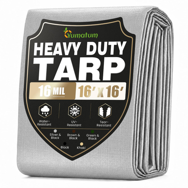 Yumatum 16 Mil 16x16 FT Heavy Duty Waterproof Tarps for Outdoor, Silver