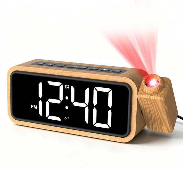 Netzu Wooden Projection Alarm Clock, Loud Digital Plug-in Clock with 180° Rotatable Projector, 5 Volumes, 12 Ringtones, Snooze for Bedroom Ceiling Wood Decor