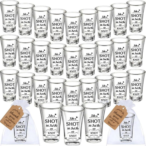 Golibra 50 Sets Acrylic Wedding Shot Glass Favors, Clear Plastic Shot Glasses Set with Thank You Kraft Tags and White Organza Bags,Wedding Party Supplies for Guests